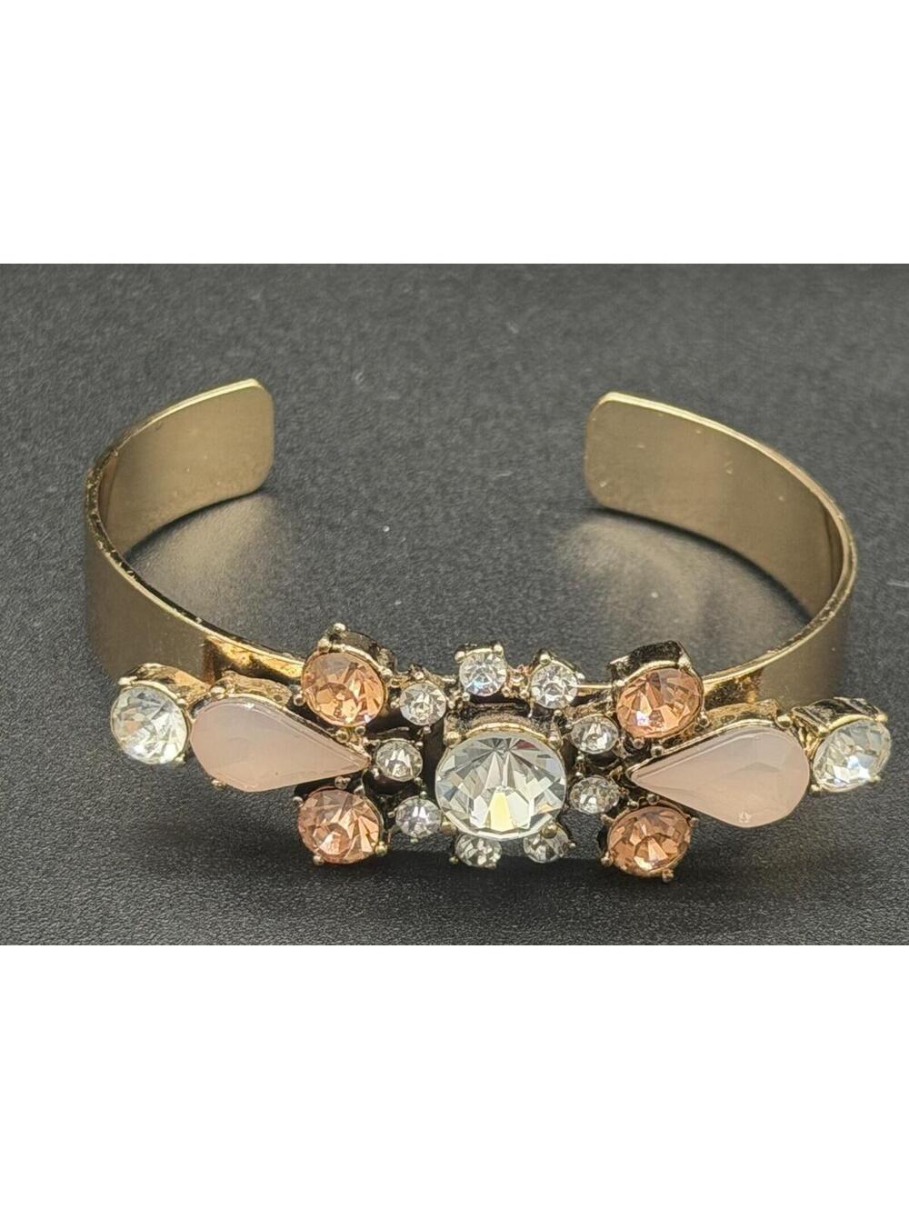 ✨🌸 Vintage Gold Tone Rhinestone & Pink Stone Cuff Bracelet Glam 🌸✨